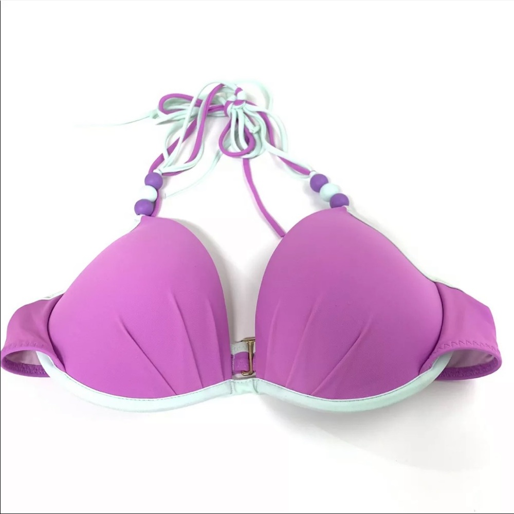 Victorias Secret Bikini Top 34C Fabulous Padded Fringe Beaded Purple Blue Halter